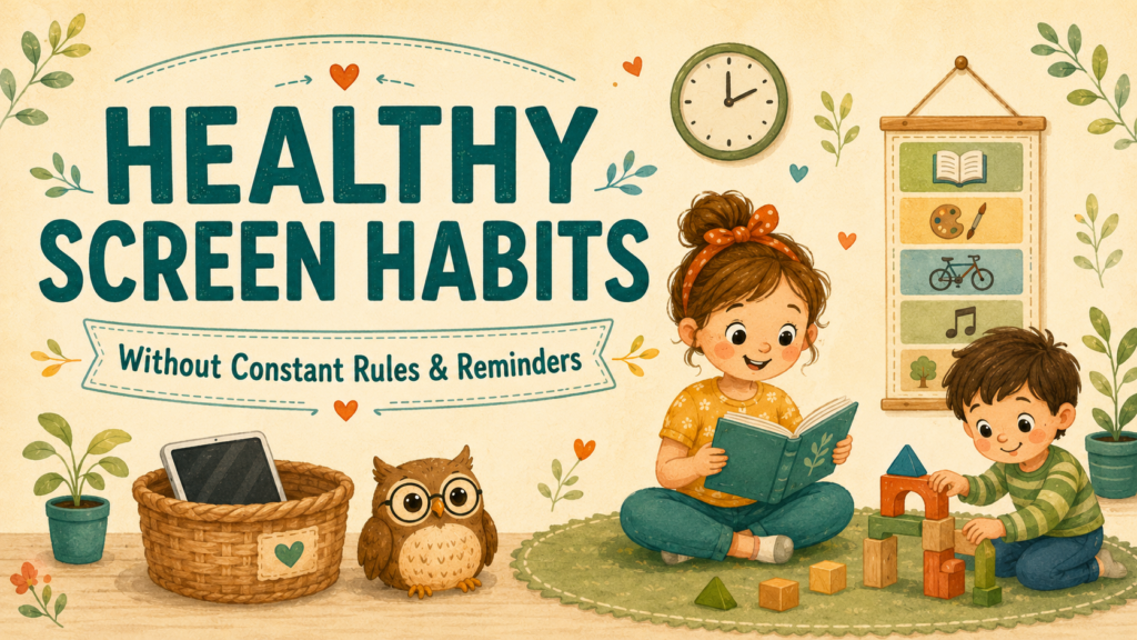 Children reading and building blocks beside a visual routine chart while a tablet rests in a storage basket