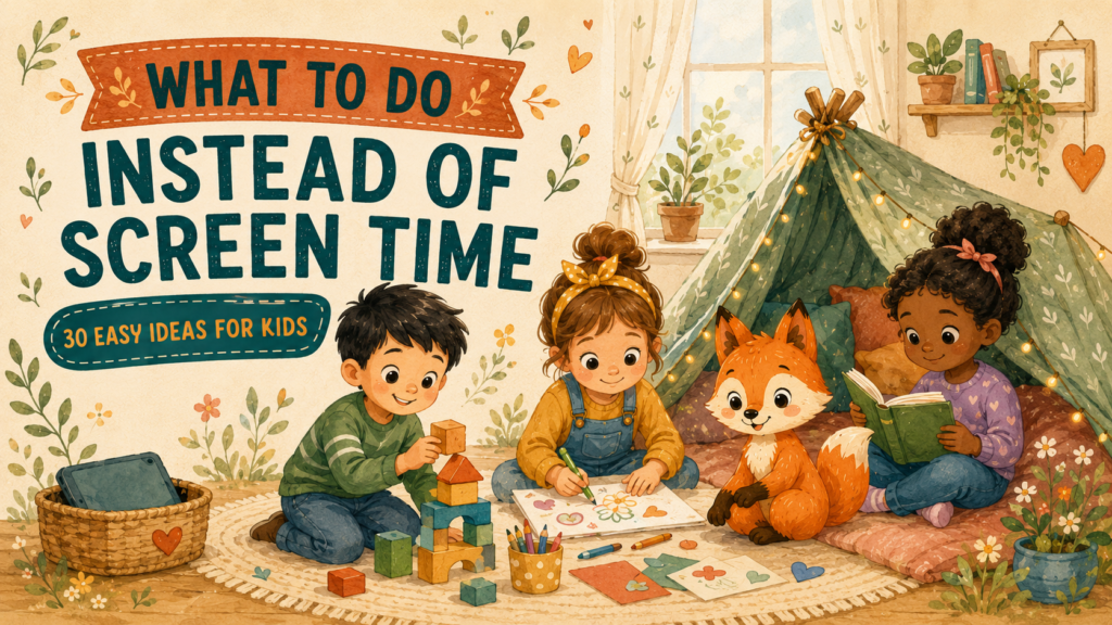 Children building blocks, drawing, and reading as alternatives to screen time